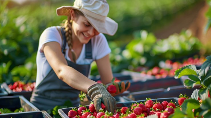Photorealistic view of woman harvesting strawberries in an organic, sustainable garden - Image by freepik.com