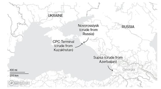 Εικόνα 3 Σταθμοί μεταφοράς αργού πετρελαίου στη Μαύρη Θάλασσα. Πηγή : www.bloomberg.com