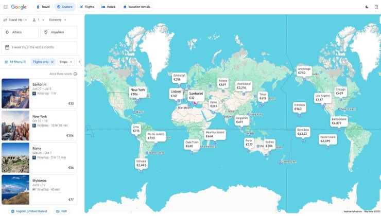 Google Flights Anywhere από Αθήνα, ανοιχτές ημερομηνίες