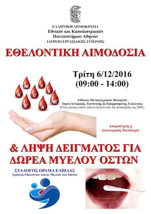 Εθελοντική Αιμοδοσία και Λήψη Δειγμάτων Μυελού των Οστών 