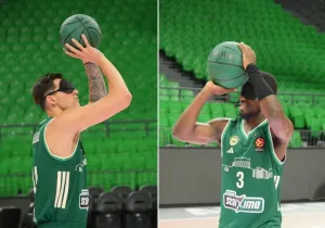 Στο νέο βίντεο της Allwyn Hellas, οι δύο παίκτες του Παναθηναϊκού προσπαθούν να ευστοχήσουν από διάφορες θέσεις του παρκέ με δεμένα μάτια